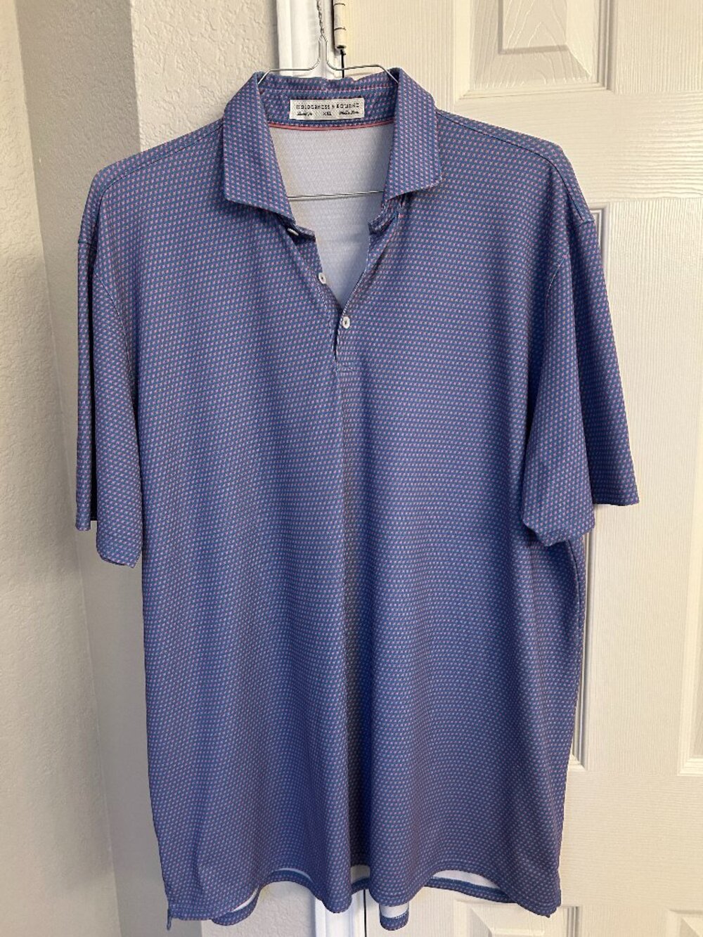 Holderness & Bourne Men's 3 Button Short Sleeve Polo - Blue w/Pink Pattern - XXL